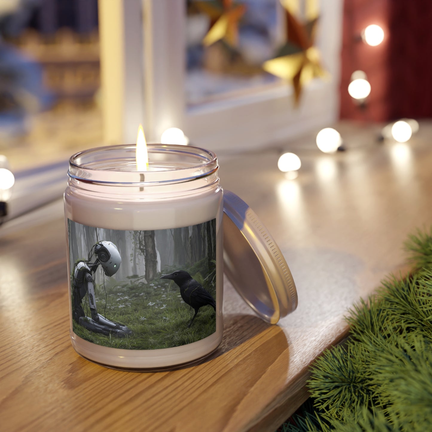 Forgotten Robot & Raven Scented Soy Candles with White Lid, 9oz – Moss-Glowing Forest Dialogue