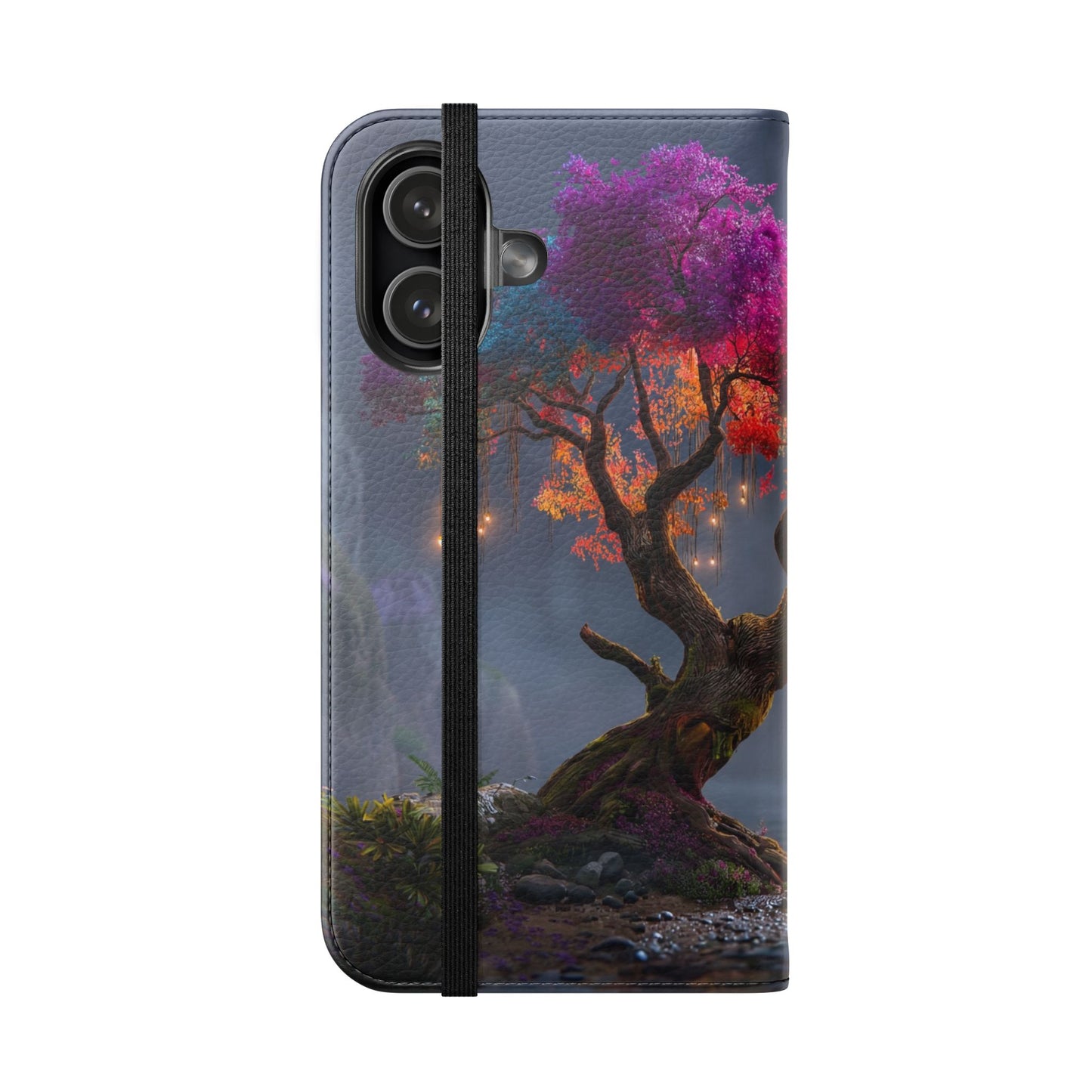 Chromatic Canopy Flip Cases – Rainbow Tree Moonlit Waterfall Scene