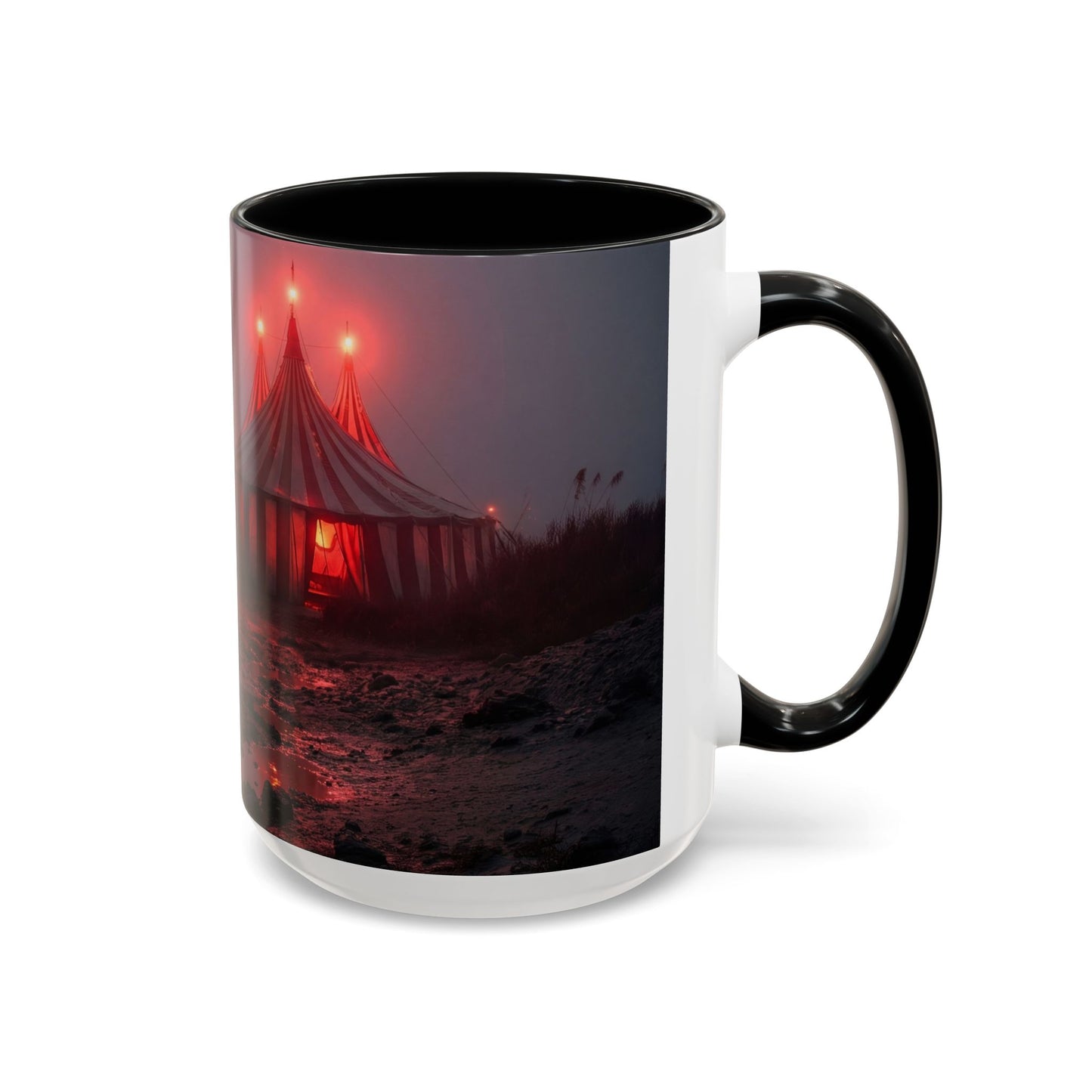 Crimson Circus Tent Accent Coffee Mug (11, 15oz) – Fog-Drenched Midnight Wonder