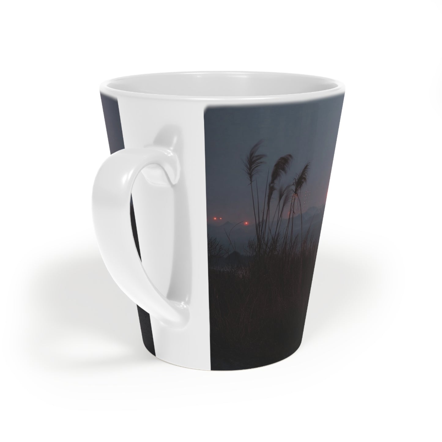 Crimson Circus Tent Latte Mug, 12oz – Midnight Revelry on the Shore