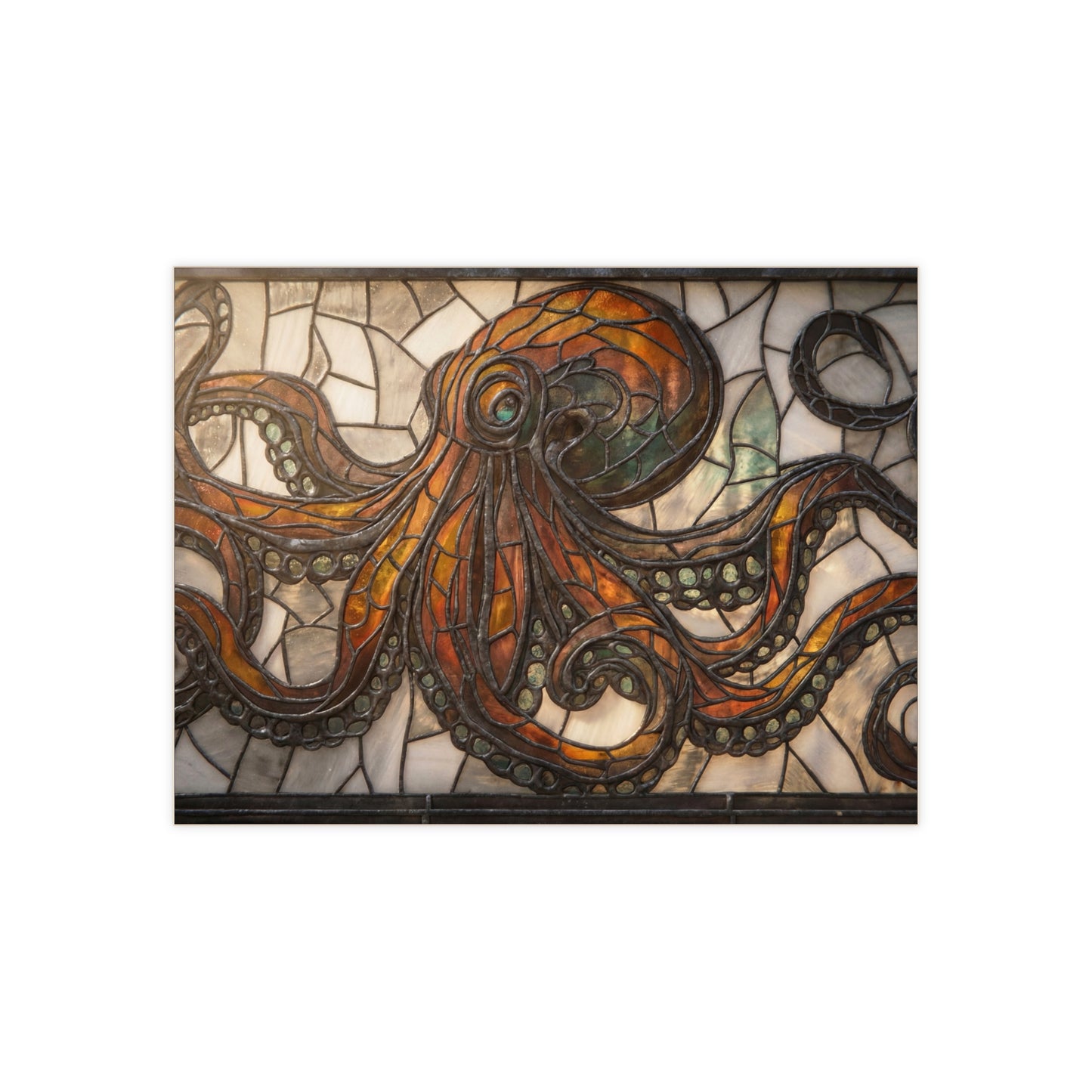Stained Glass Octopus Ceramic Photo Tile – Amber Depths & Antique Lead