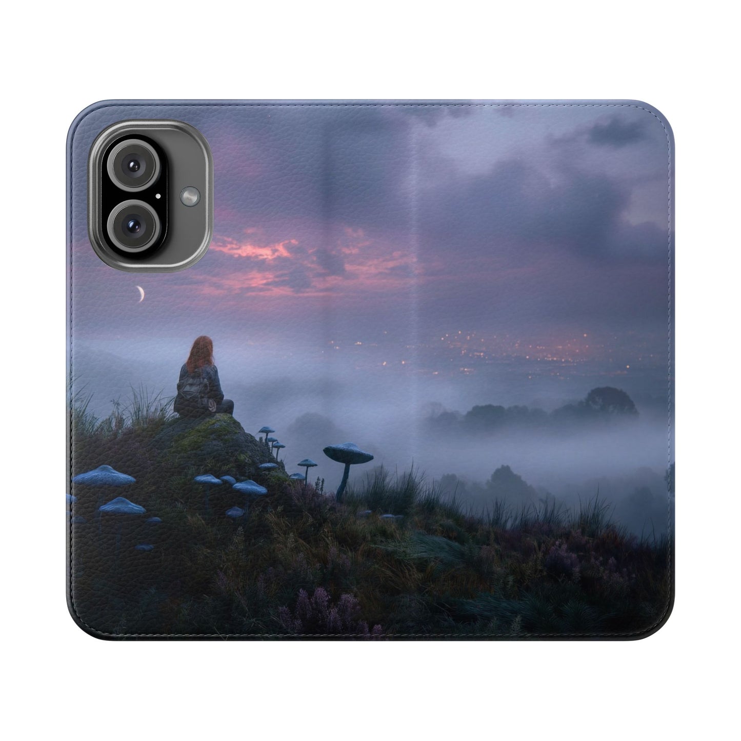 Misty Hilltop Flip Cases – Red-Haired Wanderer at Twilight