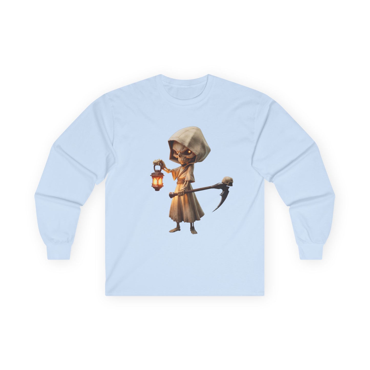 Lantern-Bearing Grim Reaper Tee – Hooded Skeleton Guardian Print