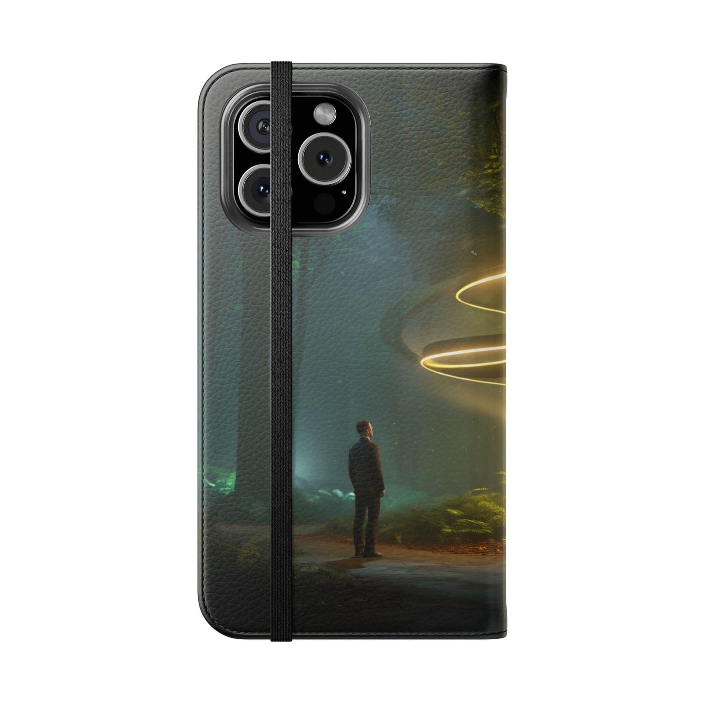 Luminous Spiral Forest Flip Cases – Golden Light Rings Mystery Scene