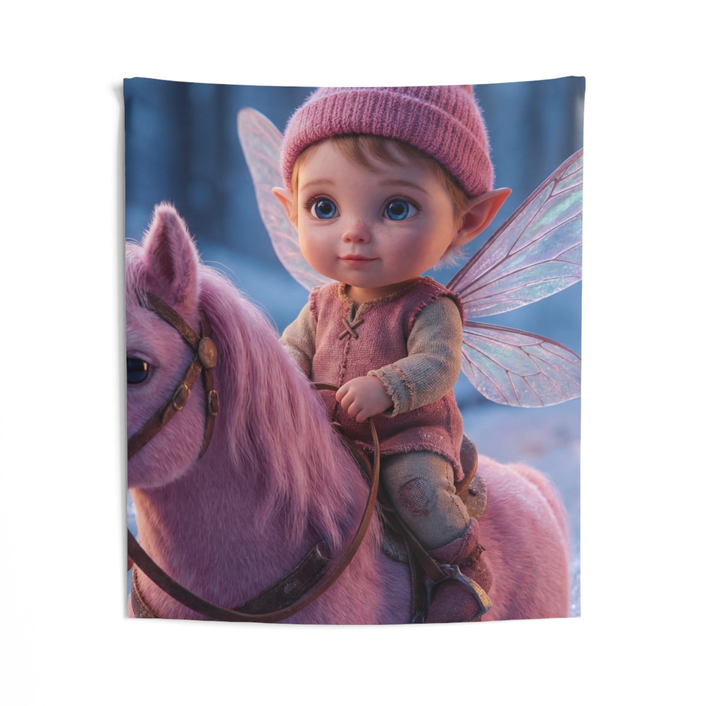 Fairy Child on Pink Unicorn Indoor Wall Tapestries – Winter Forest Whispers