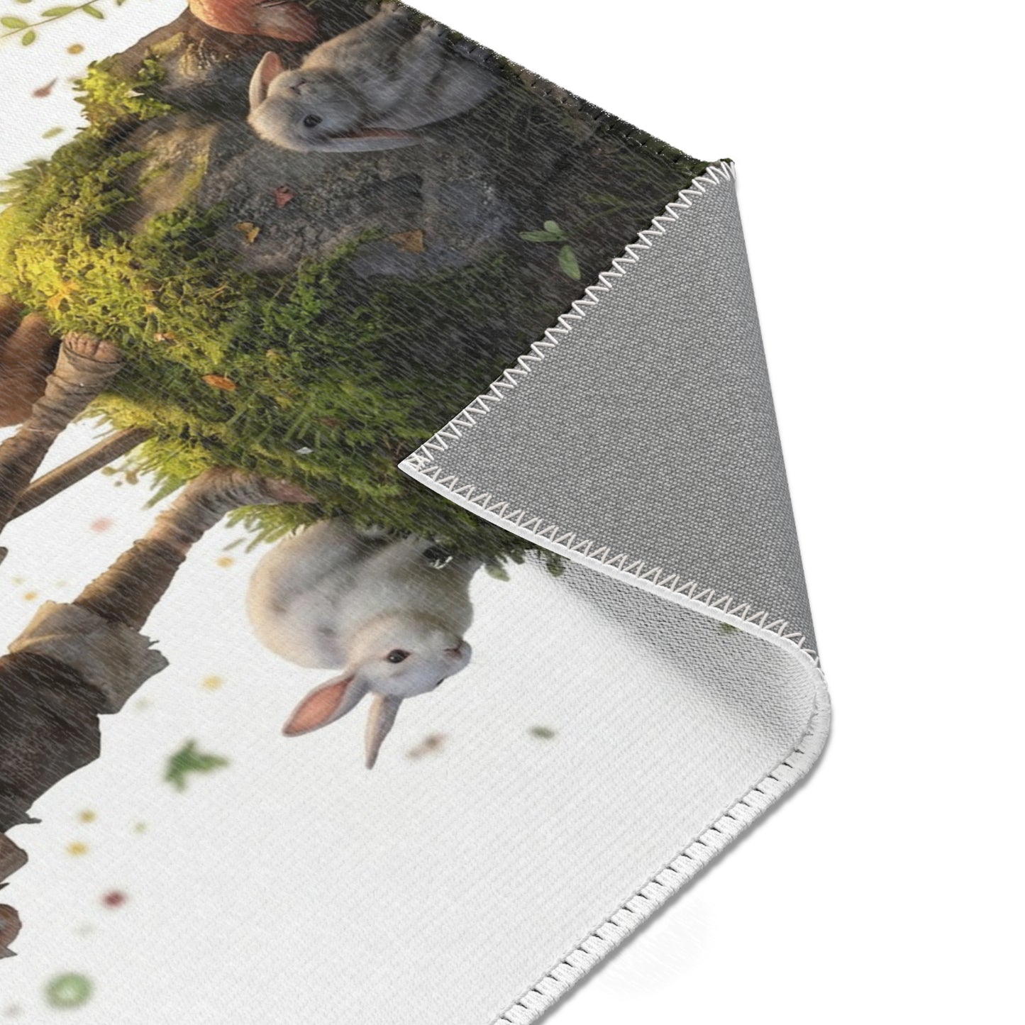 Forest Sentinel Area Rug – Glowing Antlered Child Amid Mushrooms and Rabbits