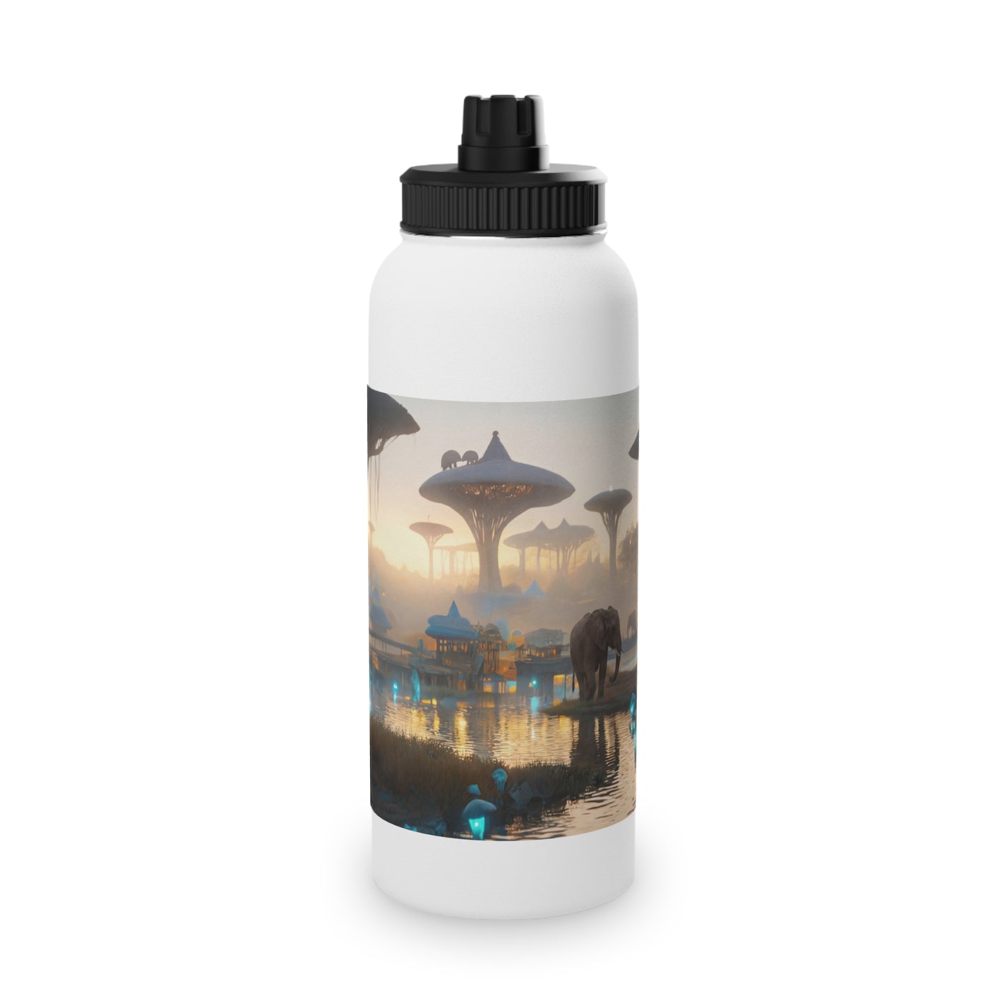 Elephants of the Bio-Luminescent Savanna Stainless Steel Water Bottle, Sports Lid – Twilight Oasis