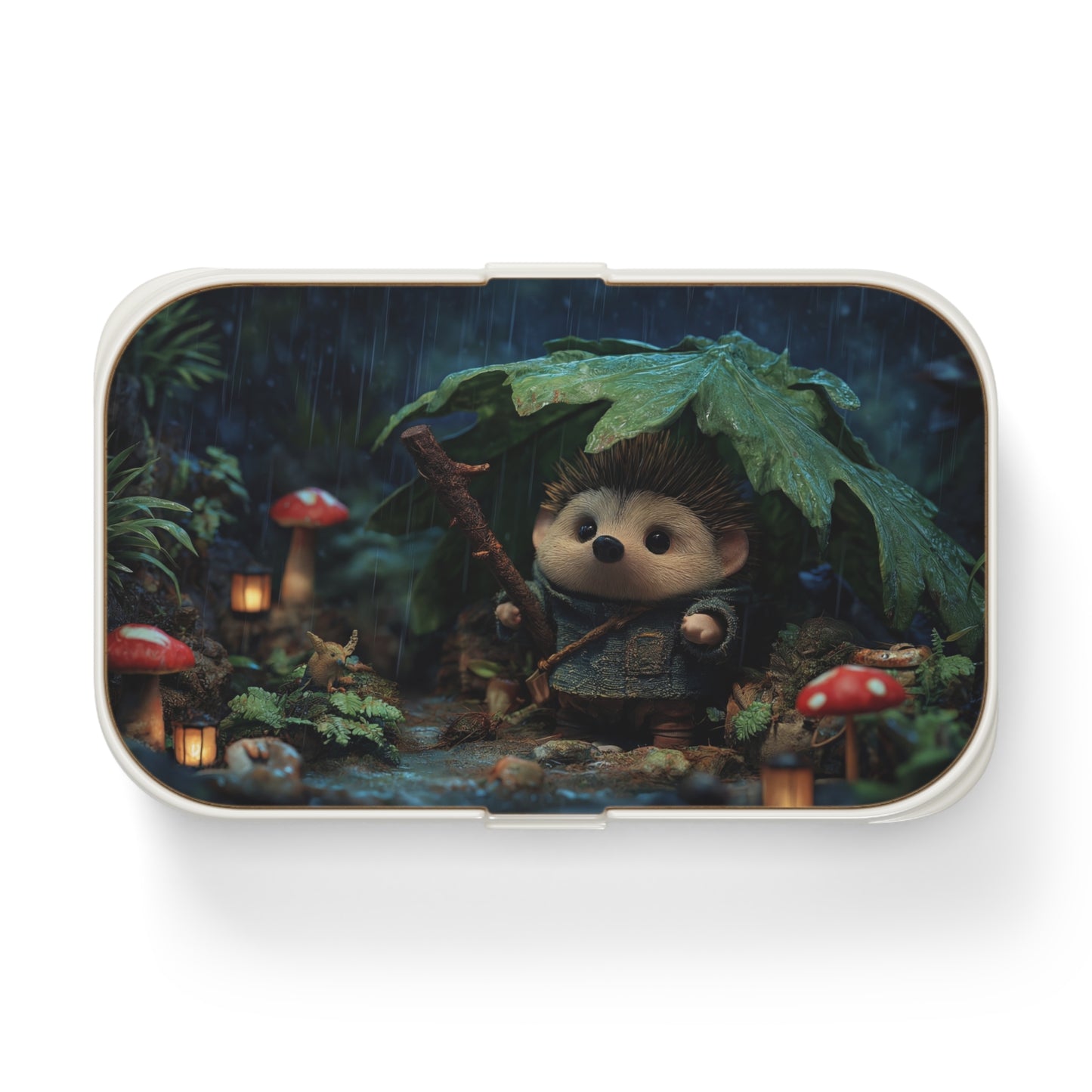 Rain-Slicked Hedgehog Bento Lunch Box – Forest Guardian in a Storm