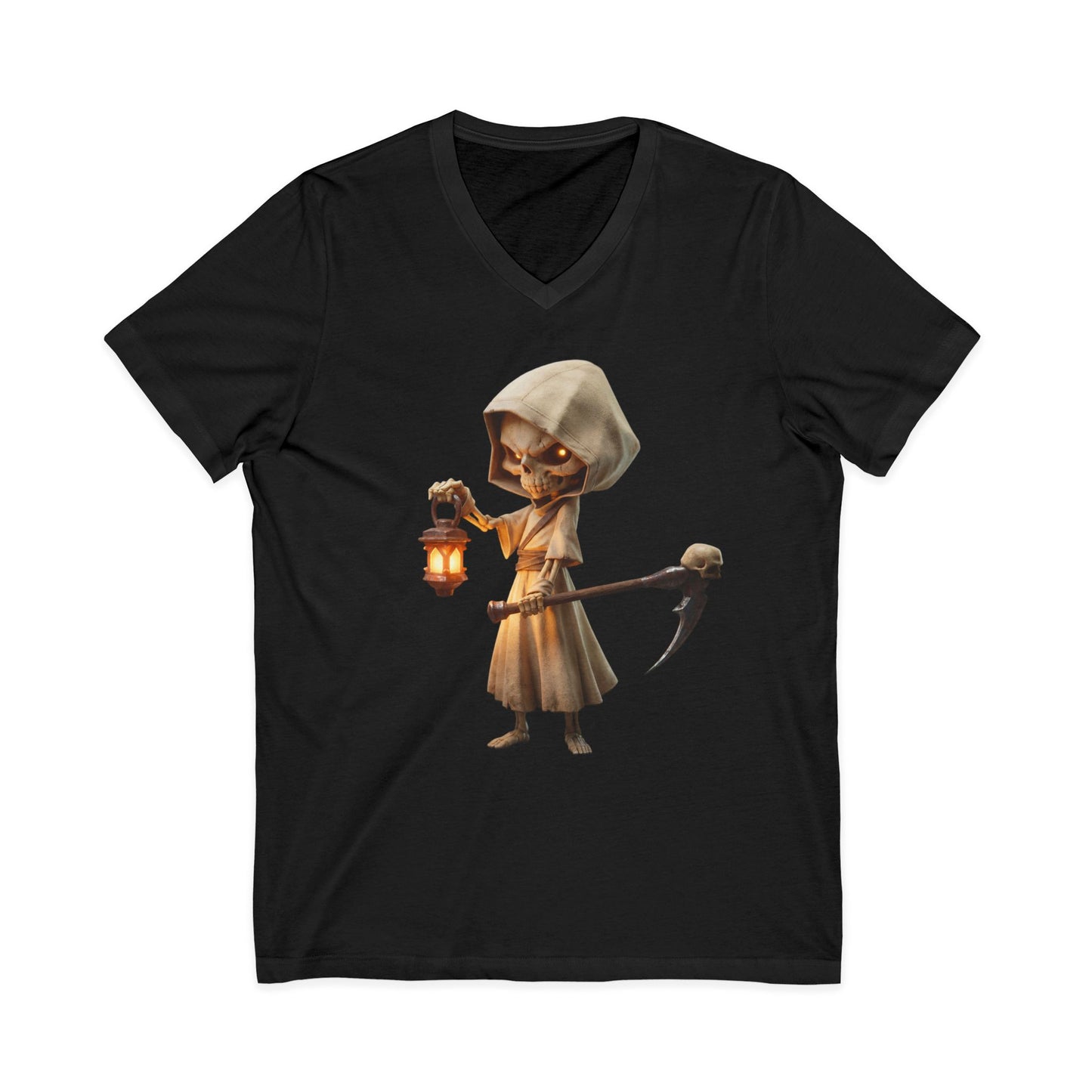 Lantern-Bearing Skeleton Hooded Tee – Rustic Reaper Guardian V-Neck Shirt