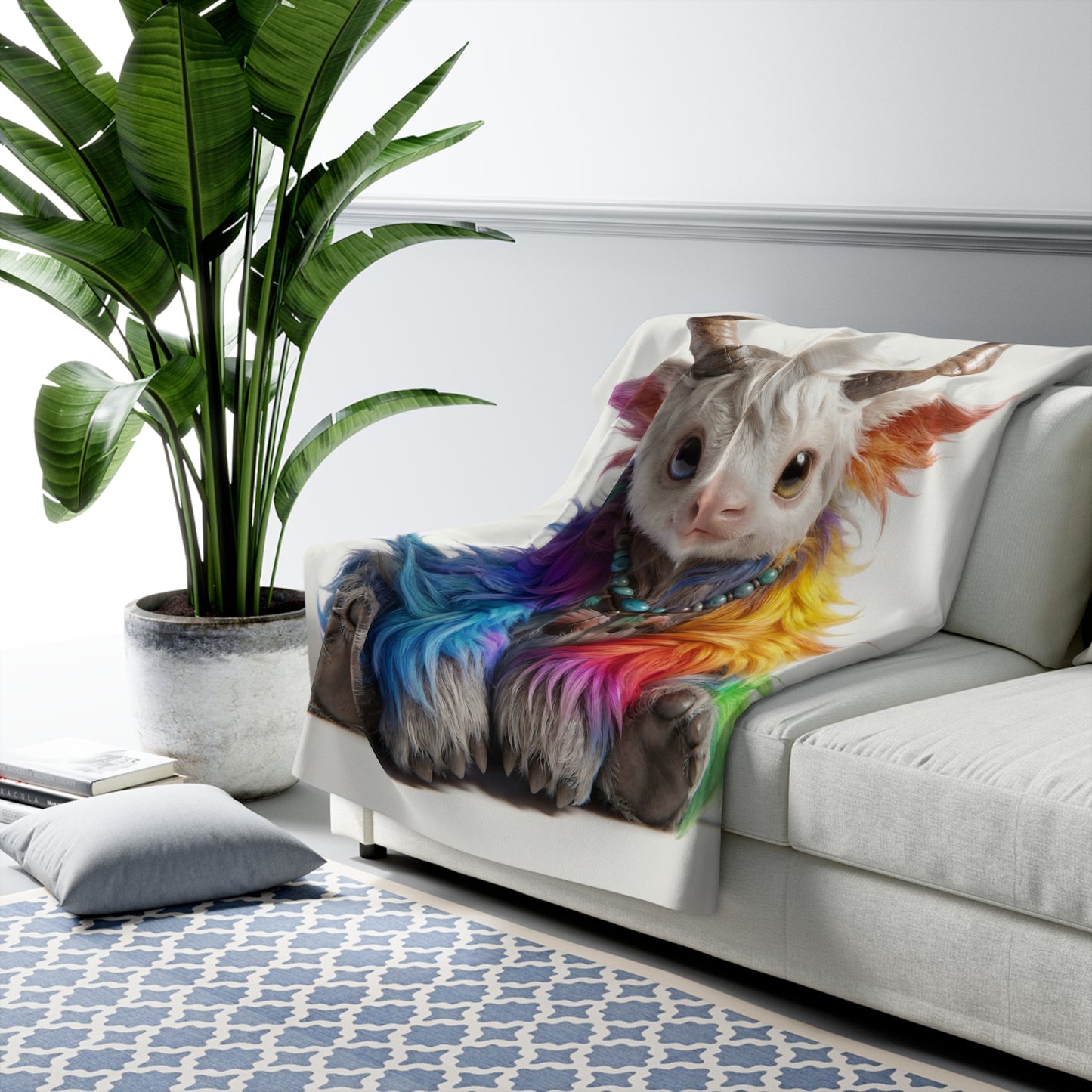 Rainbow Horned Guardian Sherpa Fleece Blanket – Whimsical Spirit with Hues of Wonder