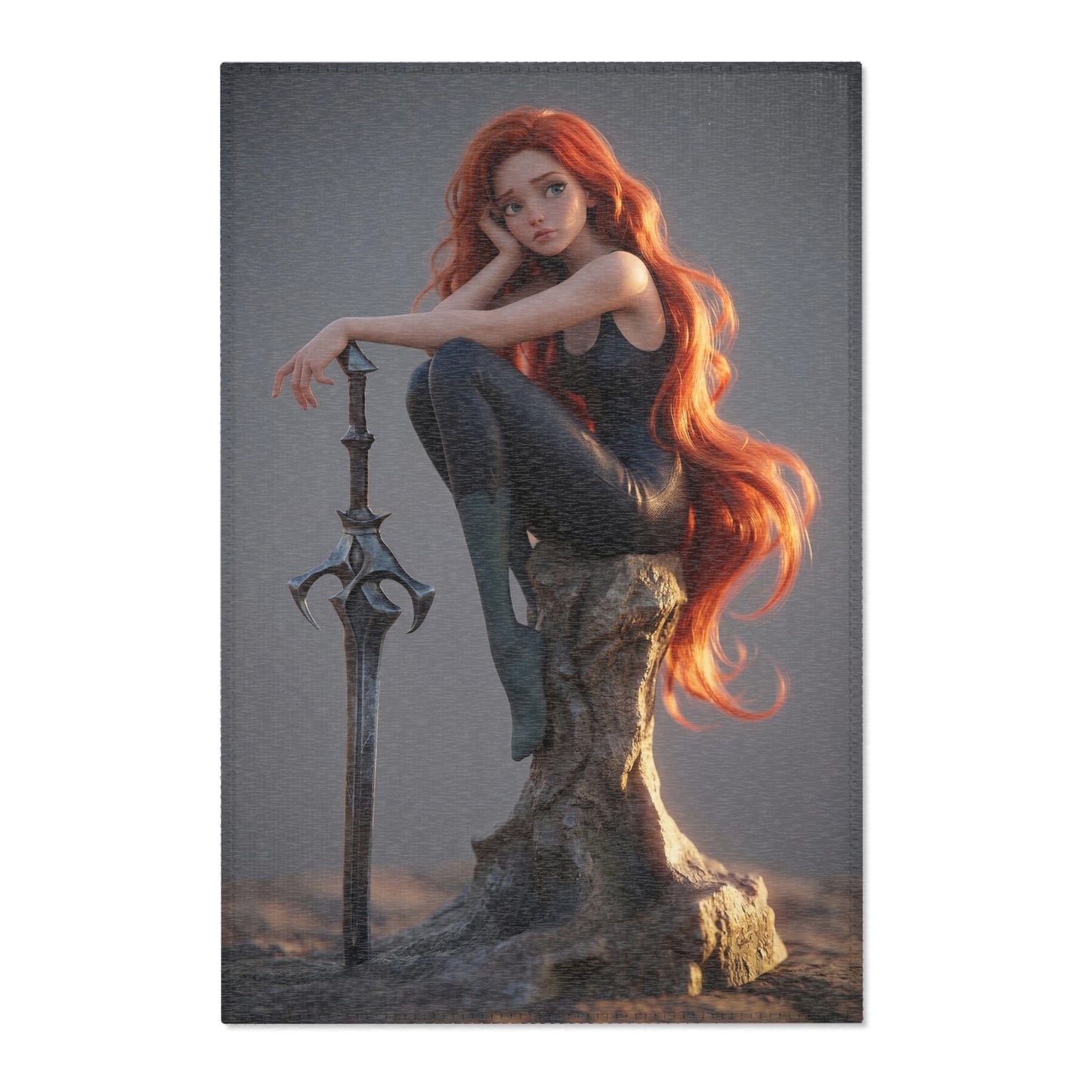Red-Haired Sentinel Area Rug – Sunset Warrior’s Resting Place