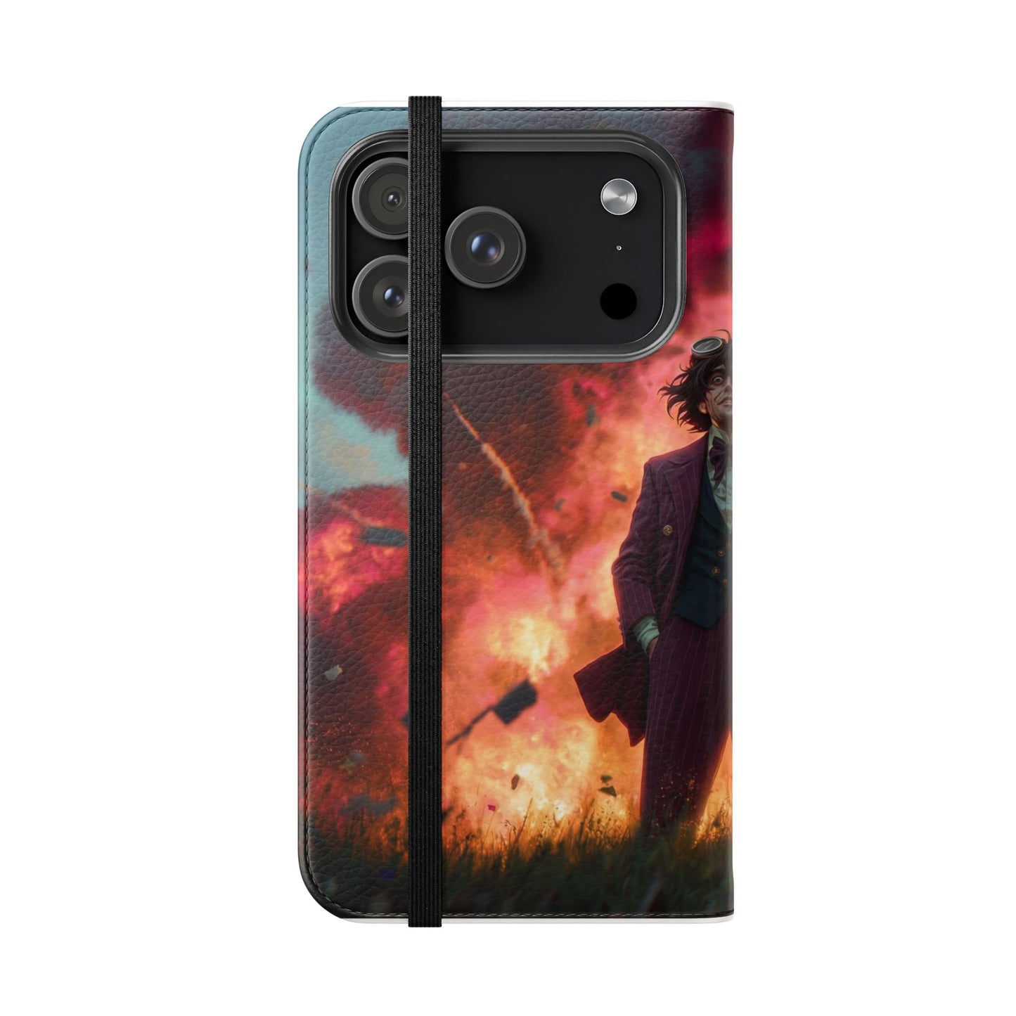 Goggles & Chaos Flip Cases – Purple Suit Amidst Fiery Explosion