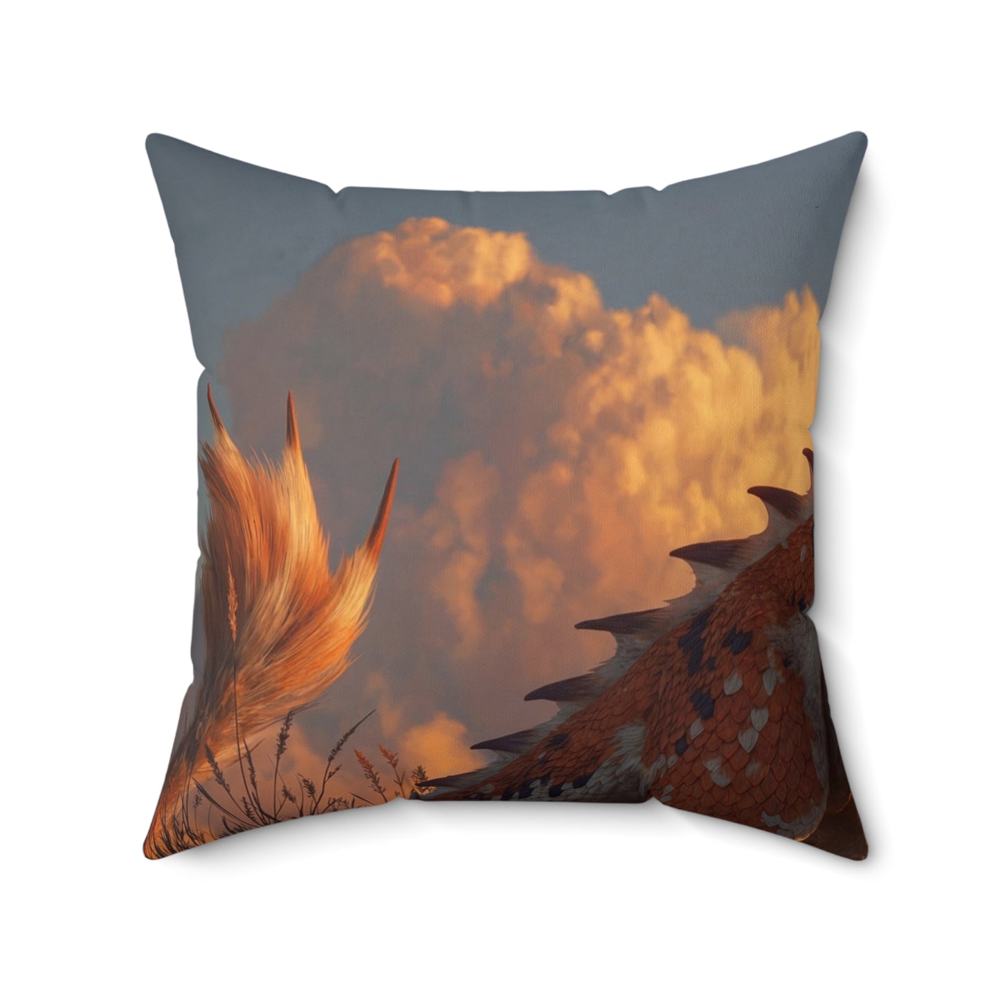 Sunset Sentinel Dragon Spun Polyester Square Pillow – Warm Amber Glow in Wild Grasses
