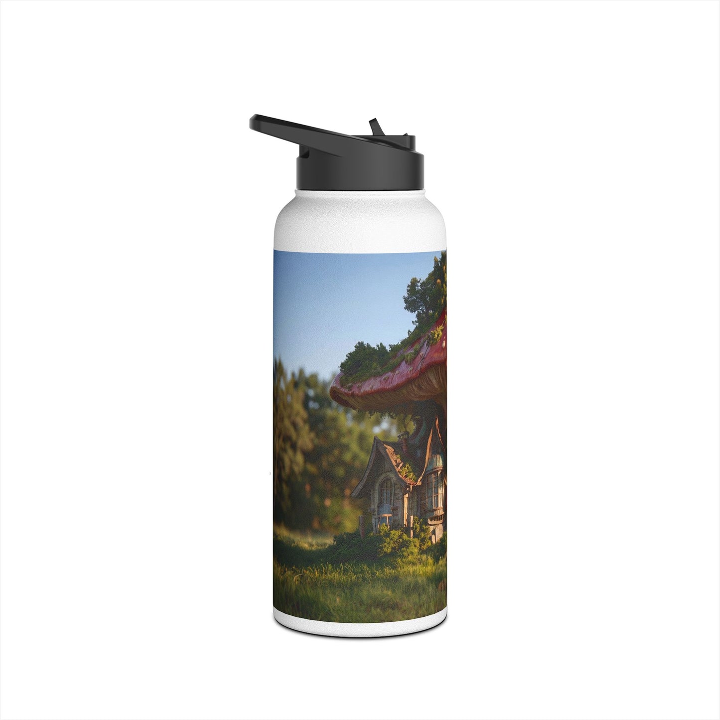 Mushroom Cottage Water Bottle – Red Cap Sanctuary in the Meadow