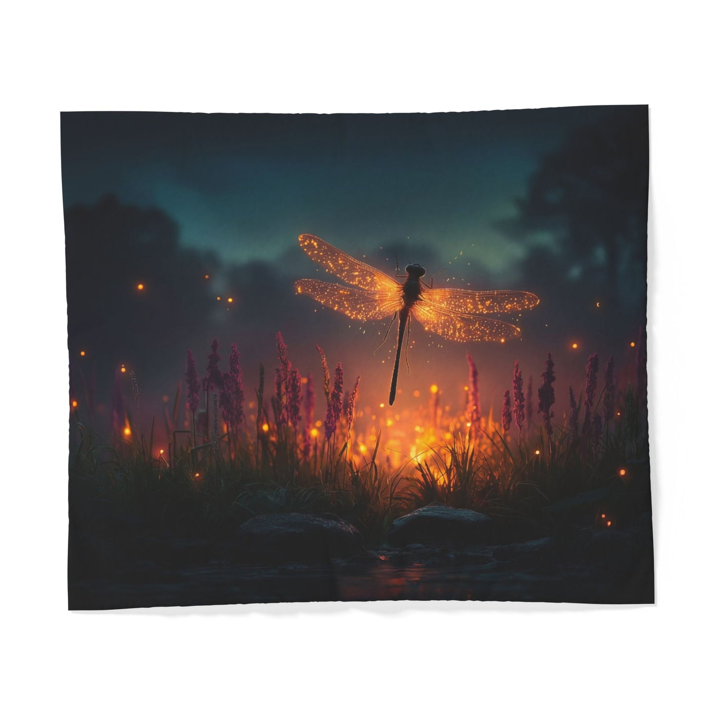 Glowing Dragonfly Cotton Duvet Cover – Amber Wings Over Twilight Marsh