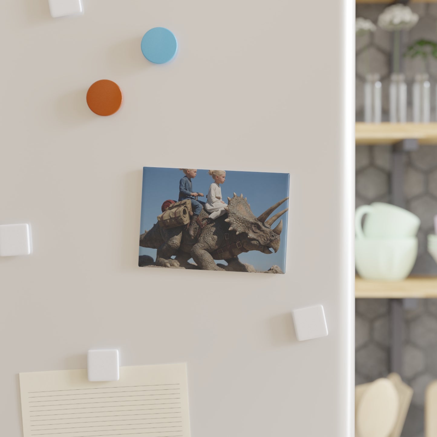 Twin Explorers on Triceratops Button Magnet, Rectangle (1 & 10 pcs) – Dusty Desert Odyssey