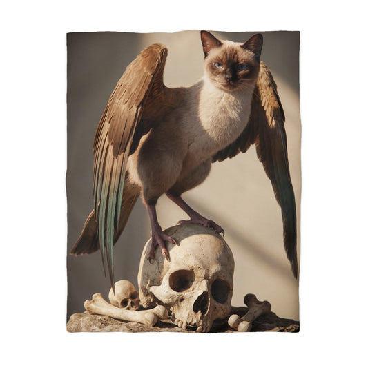 Winged Siamese Sentinel Microfiber Duvet Cover – Sunlit Bone Throne Dreamscape