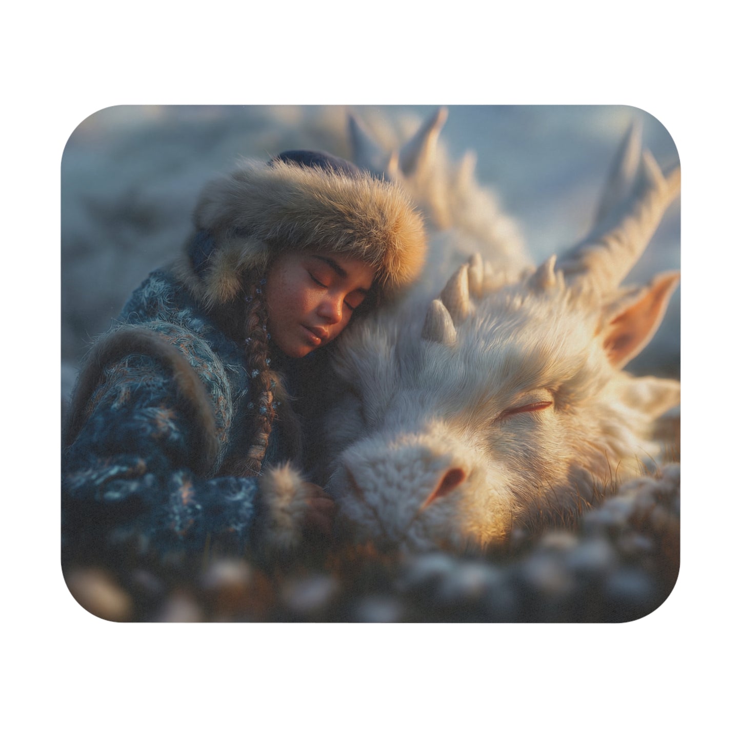 Girl and White Dragon Mouse Pad (Rectangle) – Sunset Serenity in Furred Whispers