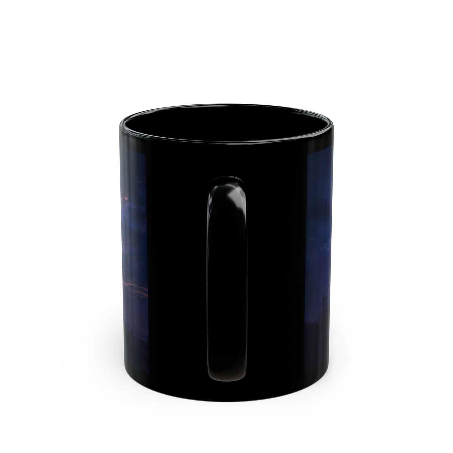 UFO Encounter Black Mug – Celestial Beam & Silhouette Nightscape