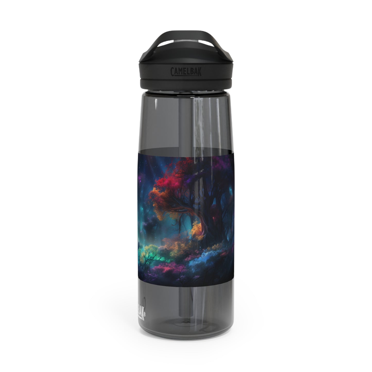 Panoramic digital art of an alien planet's mesmerizing bioluminescent forest, the towering trees adorned with glowing foliage in vivid shades of blue - CamelBak Eddy®  Water Bottle, 20oz\25oz