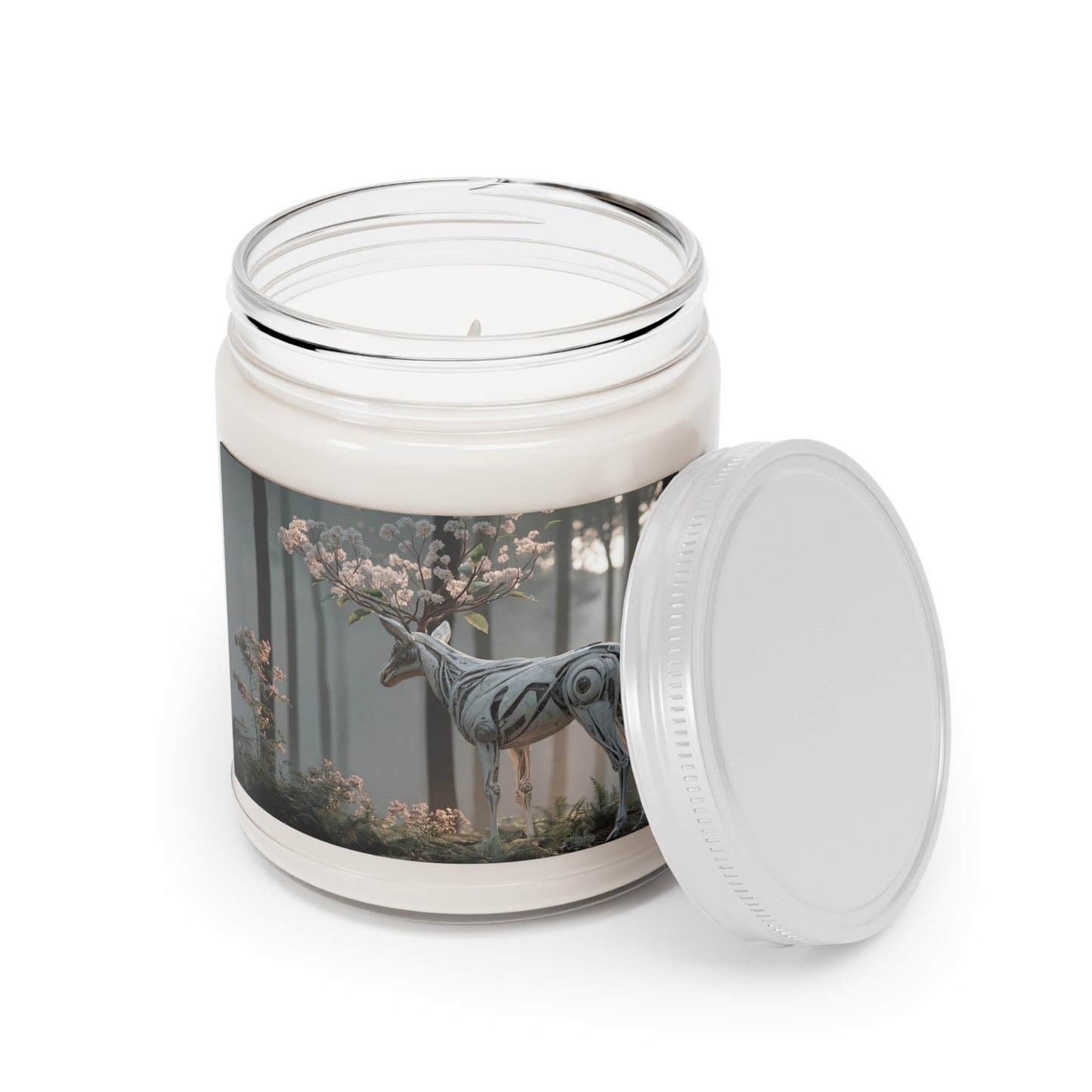 Mechanical Deer with Blossoming Antlers Scented Soy Candles with White Lid, 9oz – Whisper of the Forest’s Heart
