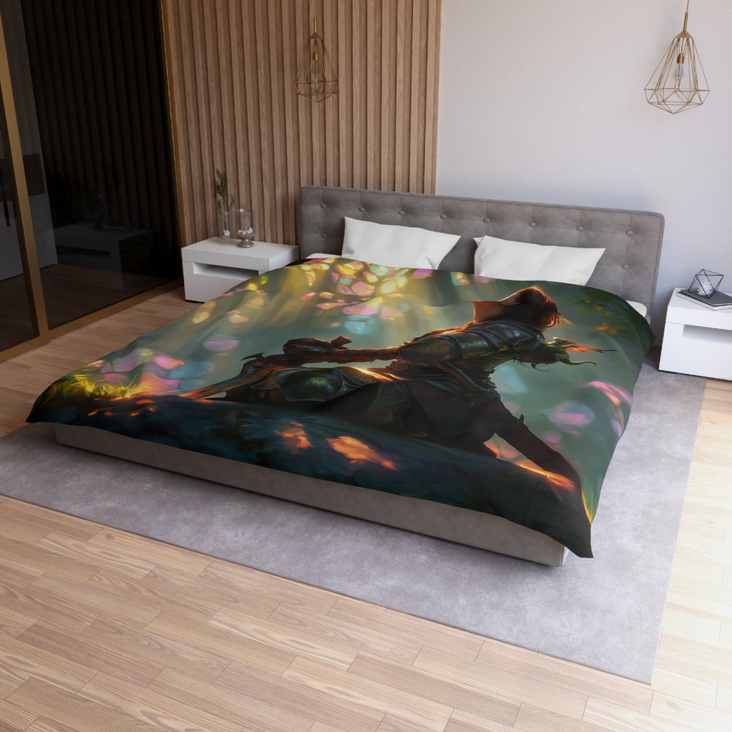 Crystal Grove Guardian Duvet Cover – Elf Knight and Dragon Companion
