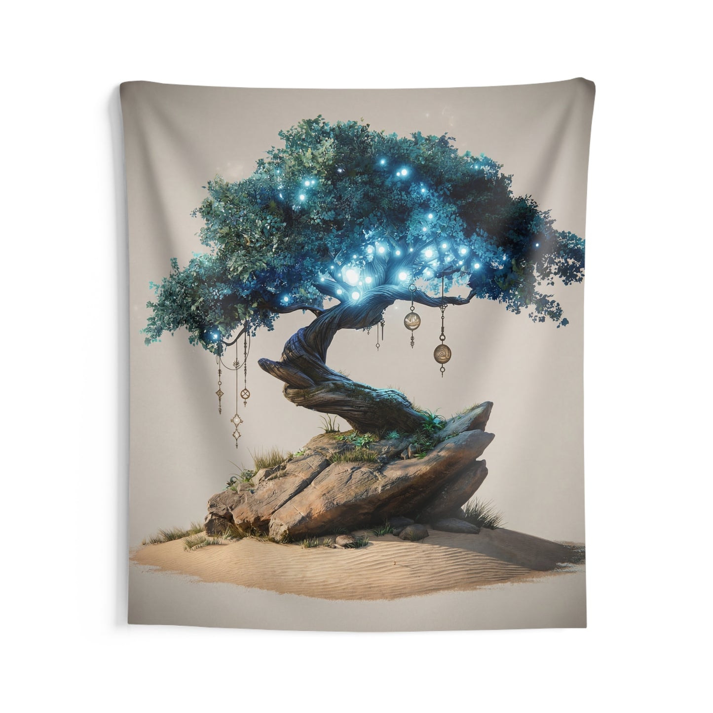 Luminous Wisdom Tree Indoor Wall Tapestries – Azure Glow Amidst Desert Sands