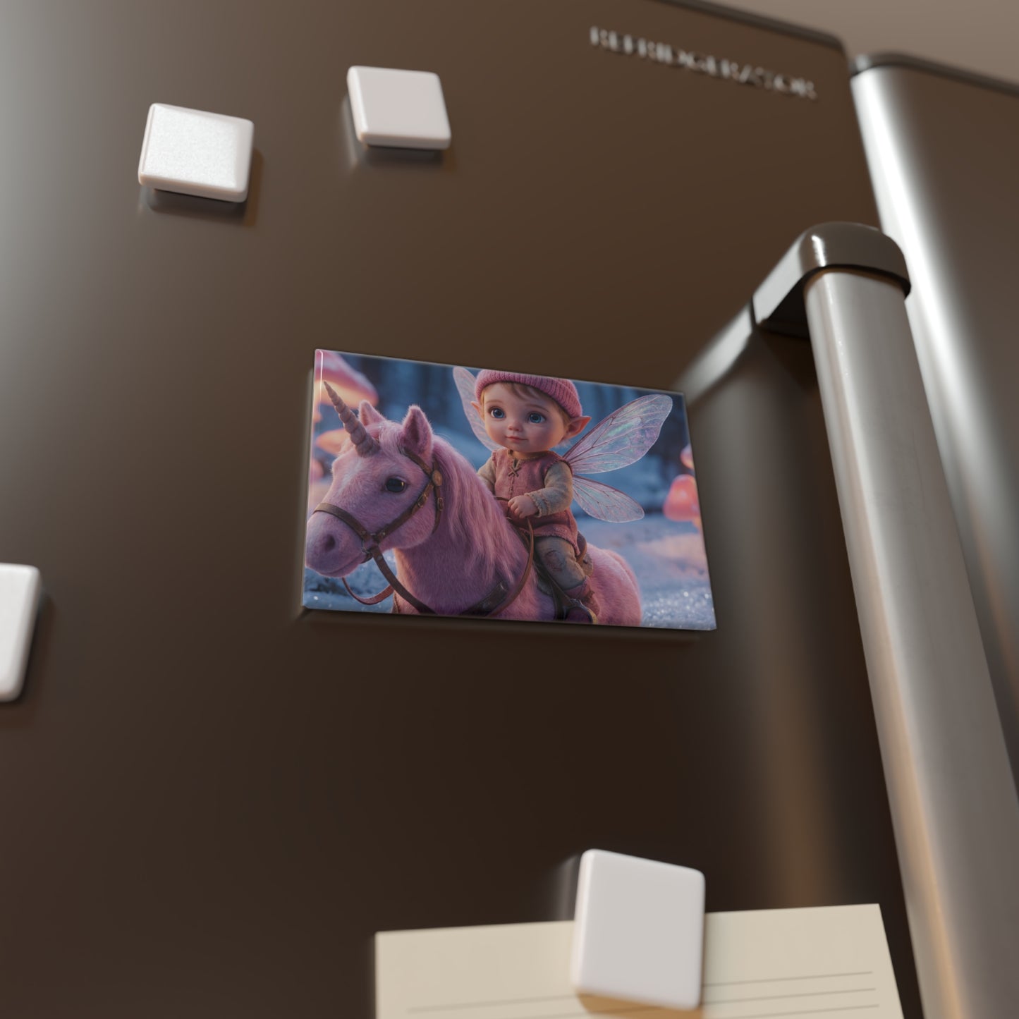 Pink Unicorn Elf Rider Button Magnet, Rectangle (1 & 10 pcs) – Winter Forest Guardian Sentinel