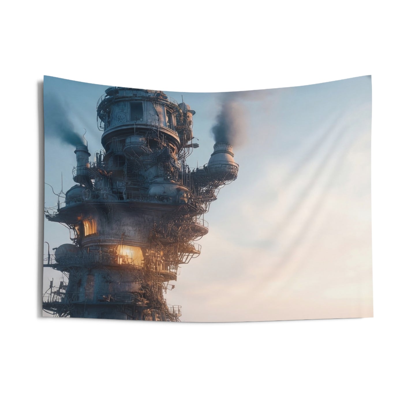 Steamforged Tower Indoor Wall Tapestries – Dusk Over the Iron Sentinel