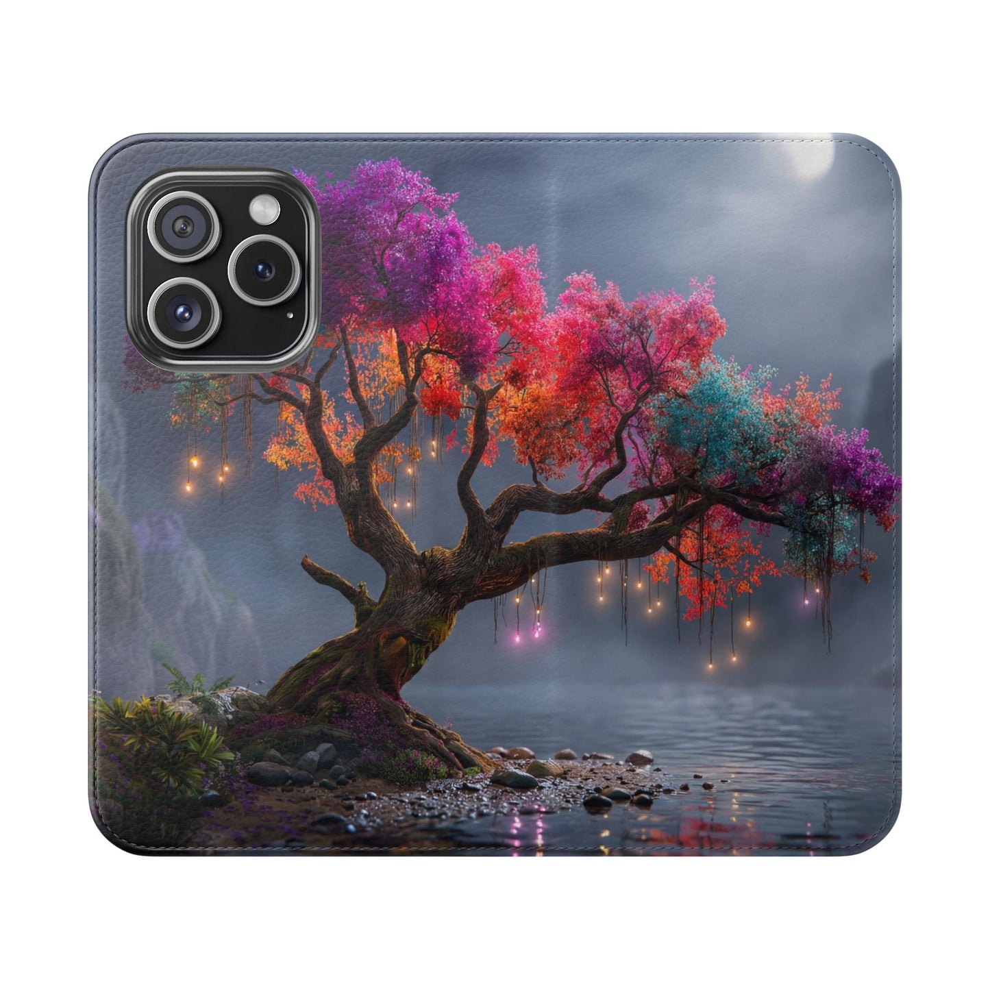 Chromatic Canopy Flip Cases – Rainbow Tree Moonlit Waterfall Scene