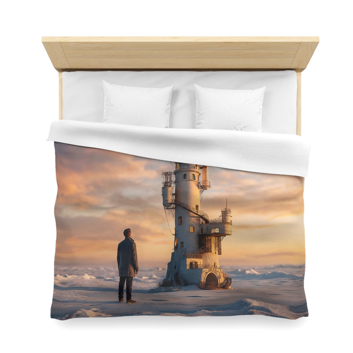 Lighthouse Keeper Microfiber Duvet Cover – Warm Glow on Frozen Horizon