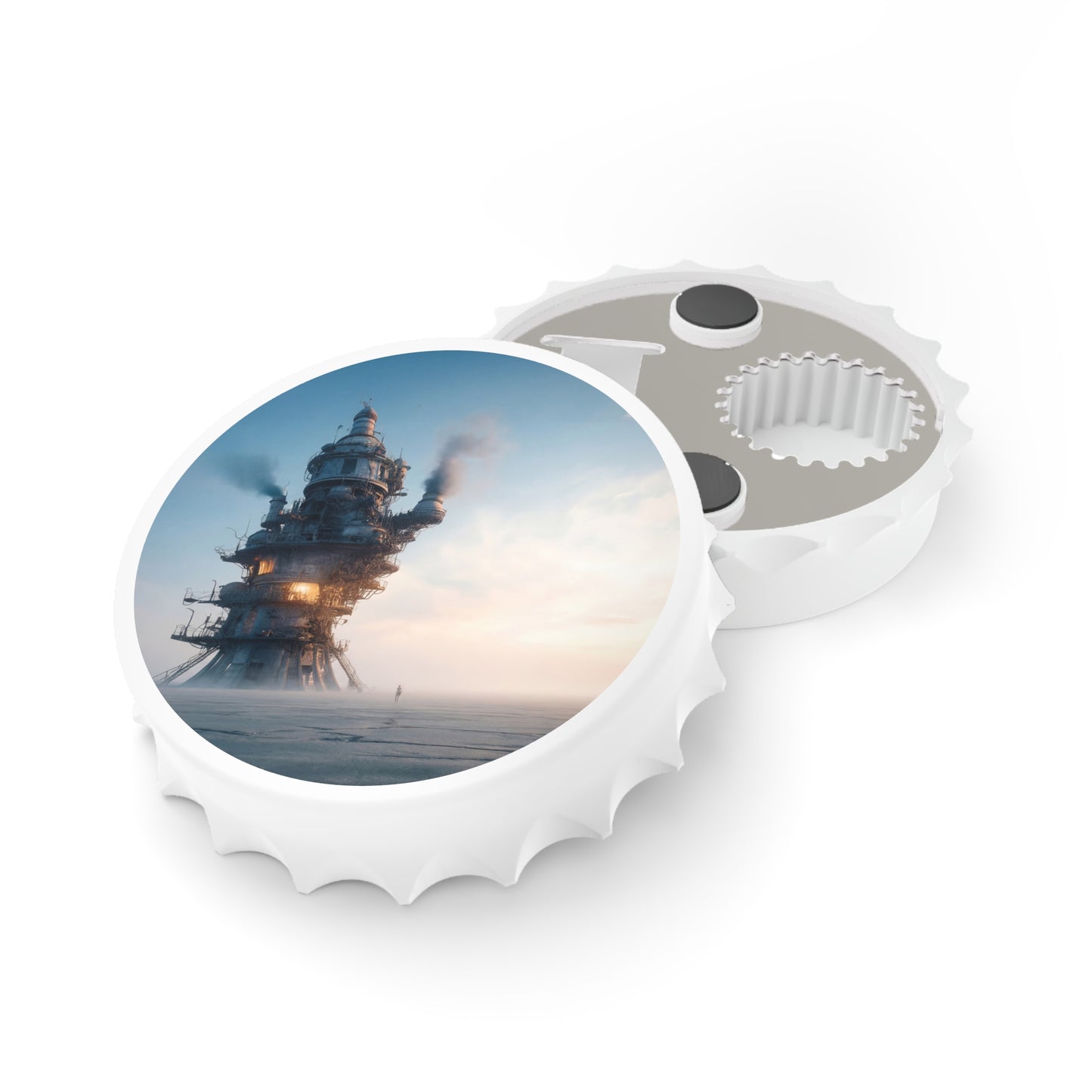 Skyward Steam Tower Bottle Opener – Industrial Dawn Dreamscape