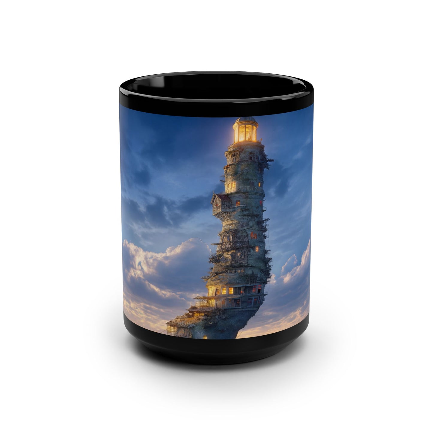 Towering Lighthouse Black Mug, 15oz – Glowing Beacon on Calm Sea