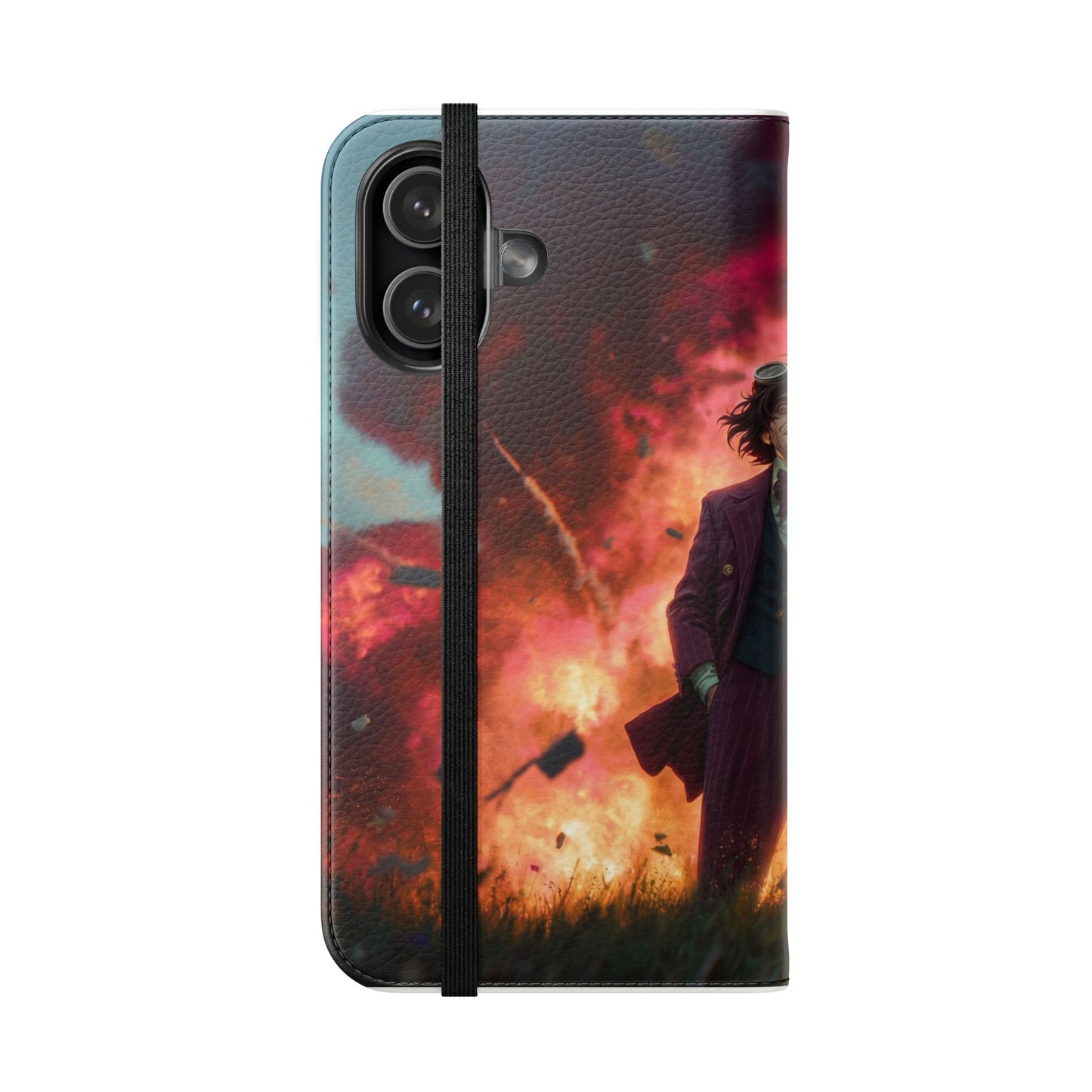 Goggles & Chaos Flip Cases – Purple Suit Amidst Fiery Explosion