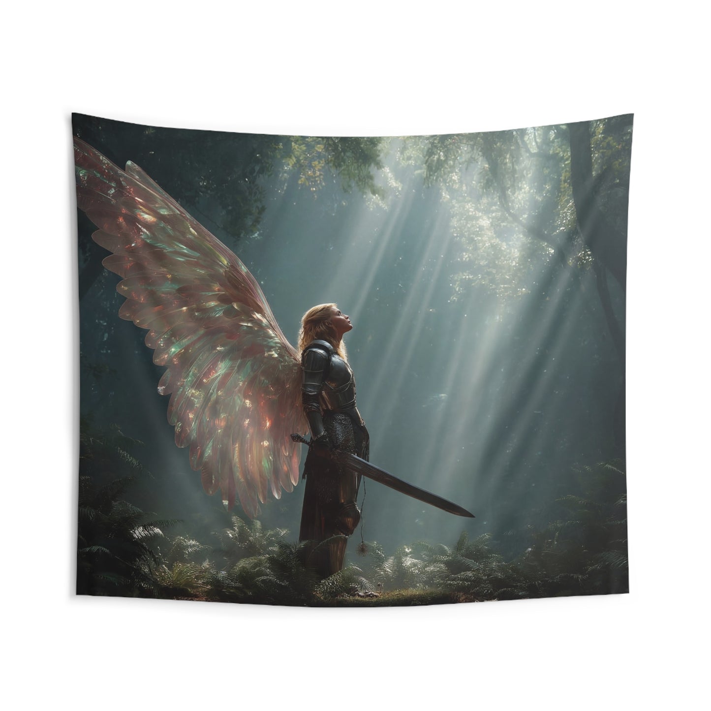 Angelic Knight in Sunlit Forest Tapestries – Radiant Wings and Sacred Light