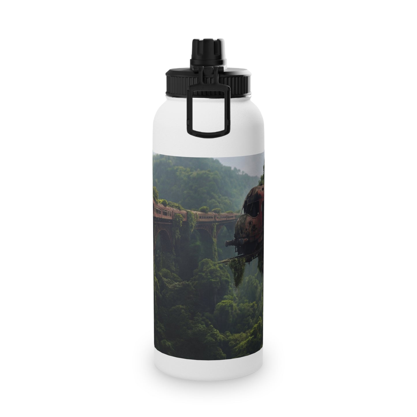 Abandoned Train Through Verdant Canopy Stainless Steel Water Bottle, Sports Lid – Timeless Forest Journey