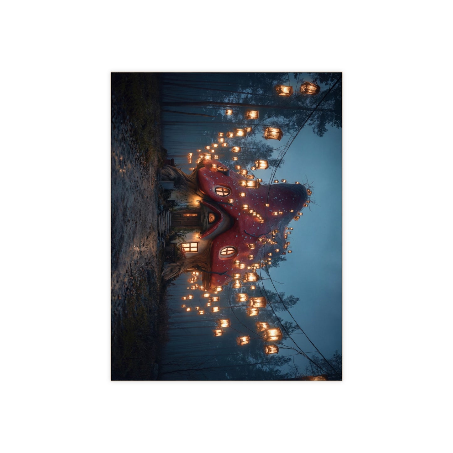 Mushroom Cottage Under Lanterns Ceramic Photo Tile – A Whisper of Twilight Magic