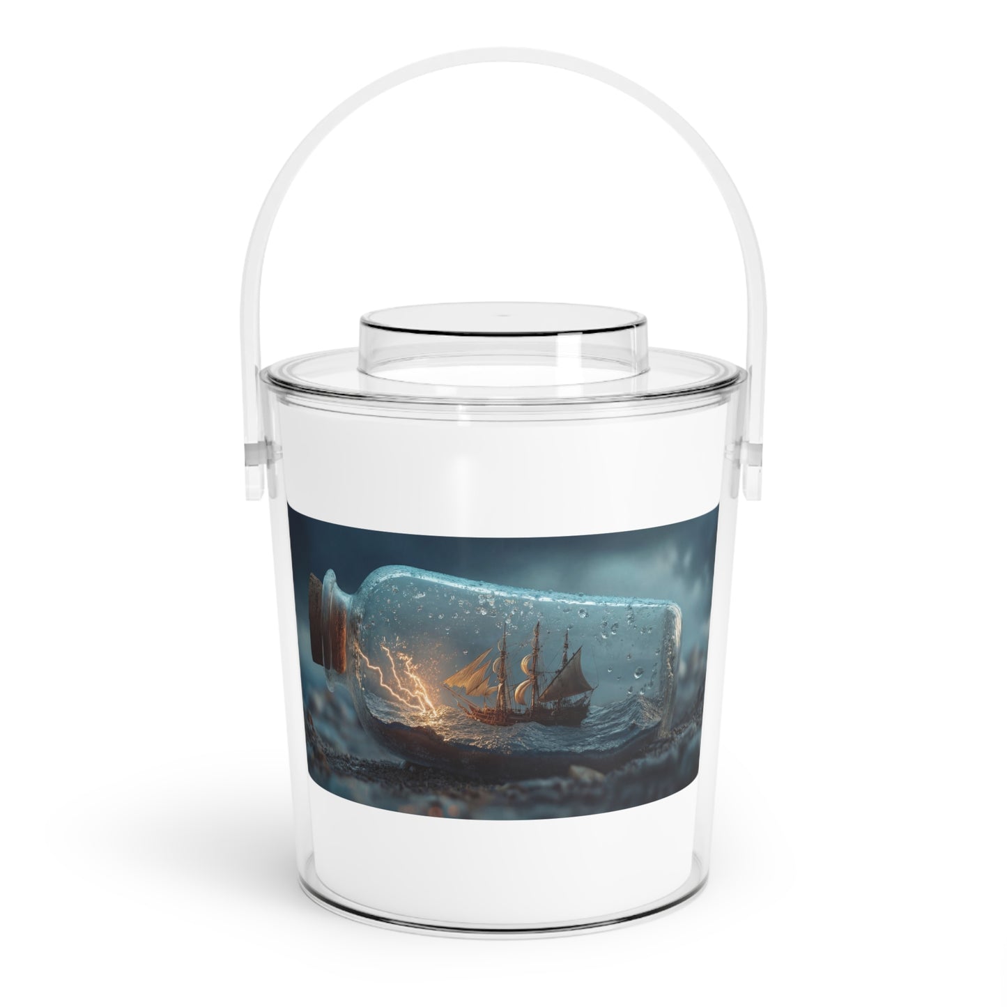 Storm-Sailed Ship in Bottle Ice Bucket with Tongs – Captured Gale and Compass