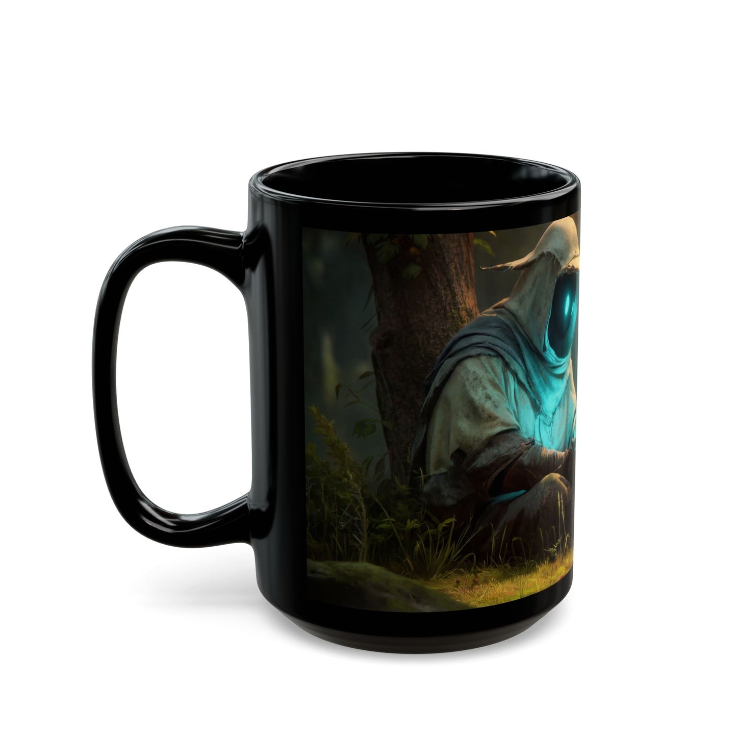 Forest Sentinel Black Mug – Glowing Eye Guardian in Twilight Grove