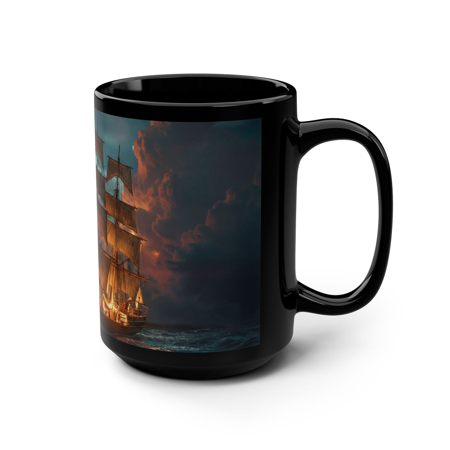 Stormlit Galleon Black Mug, 15oz – Golden Dawn at Sea
