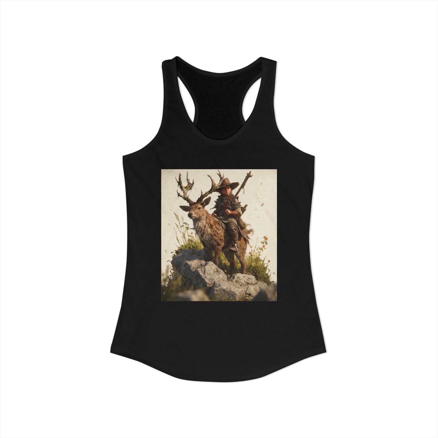 Young Knight Riding Stag Graphic Women's Ideal Racerback Tank – Mossy Antler Sentinel