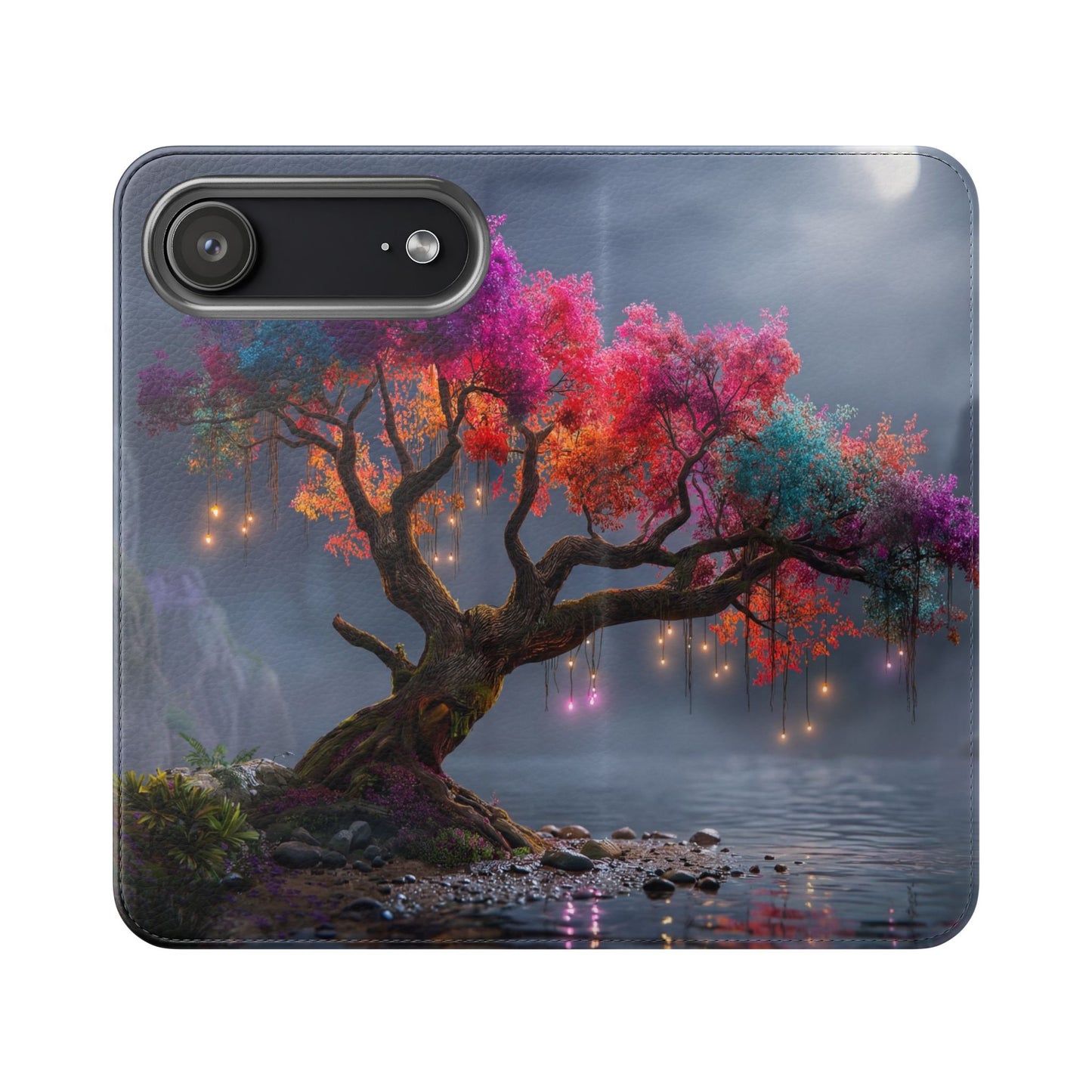 Chromatic Canopy Flip Cases – Rainbow Tree Moonlit Waterfall Scene