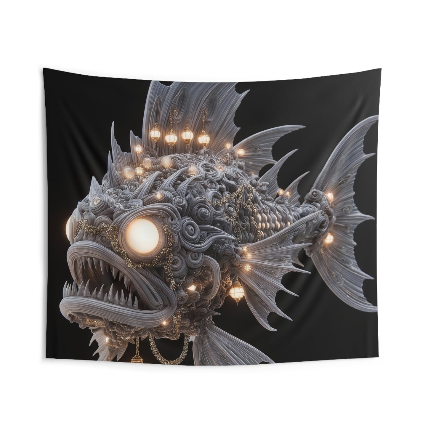 Luminous Deep-Sea Guardian Fish Tapestry – Abyssal Lanterns Against Void