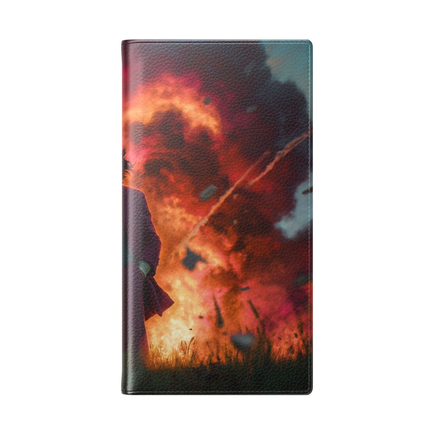 Goggles & Chaos Flip Cases – Purple Suit Amidst Fiery Explosion