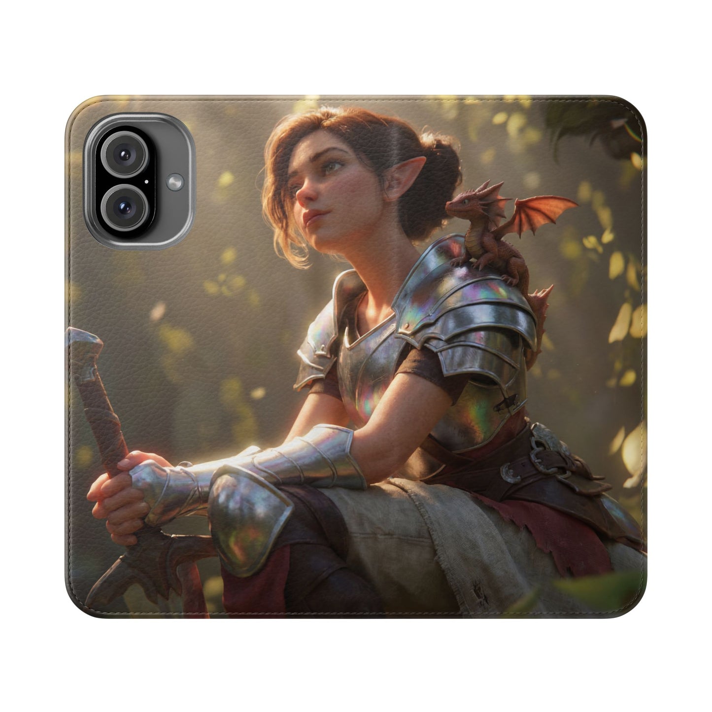 Elven Knight with Dragon Flip Cases – Iridescent Armor & Tiny Guardian Portrait