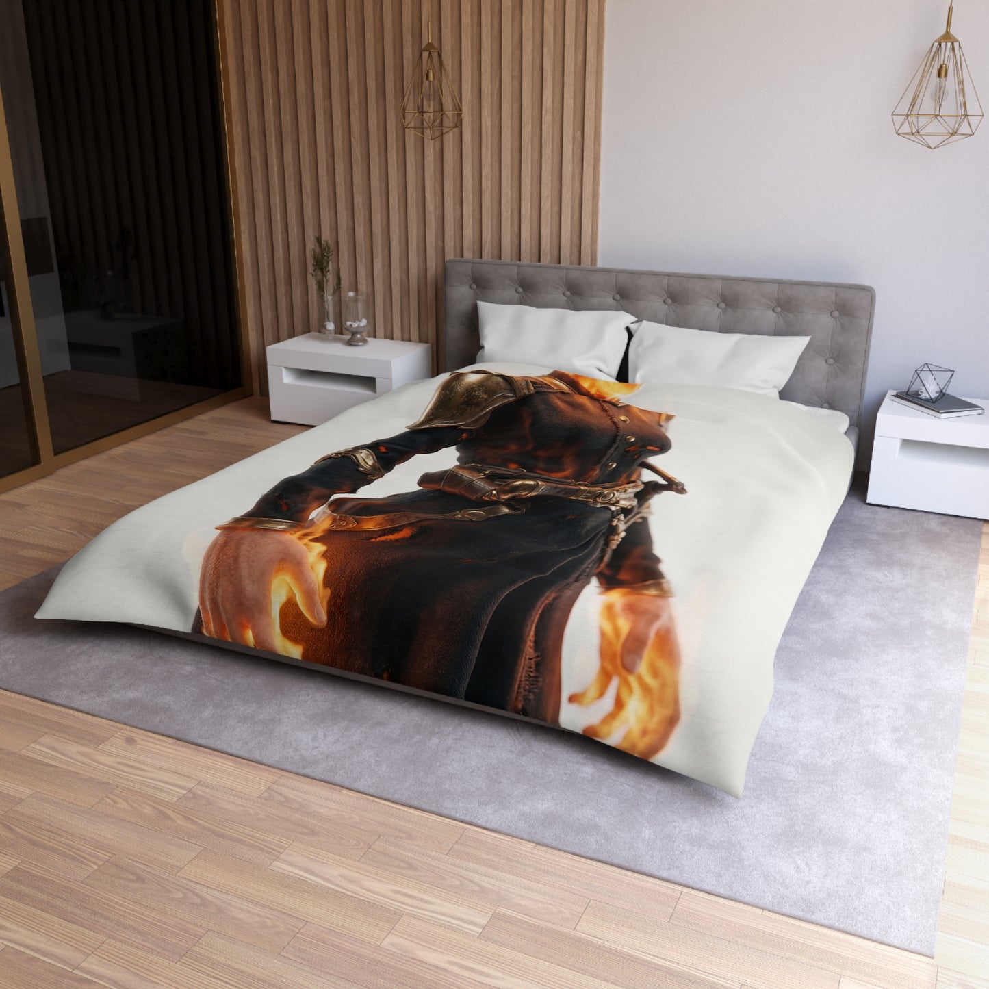 Flame-Wreathed Sentinel Microfiber Duvet Cover – Ashes and Ember Reverie