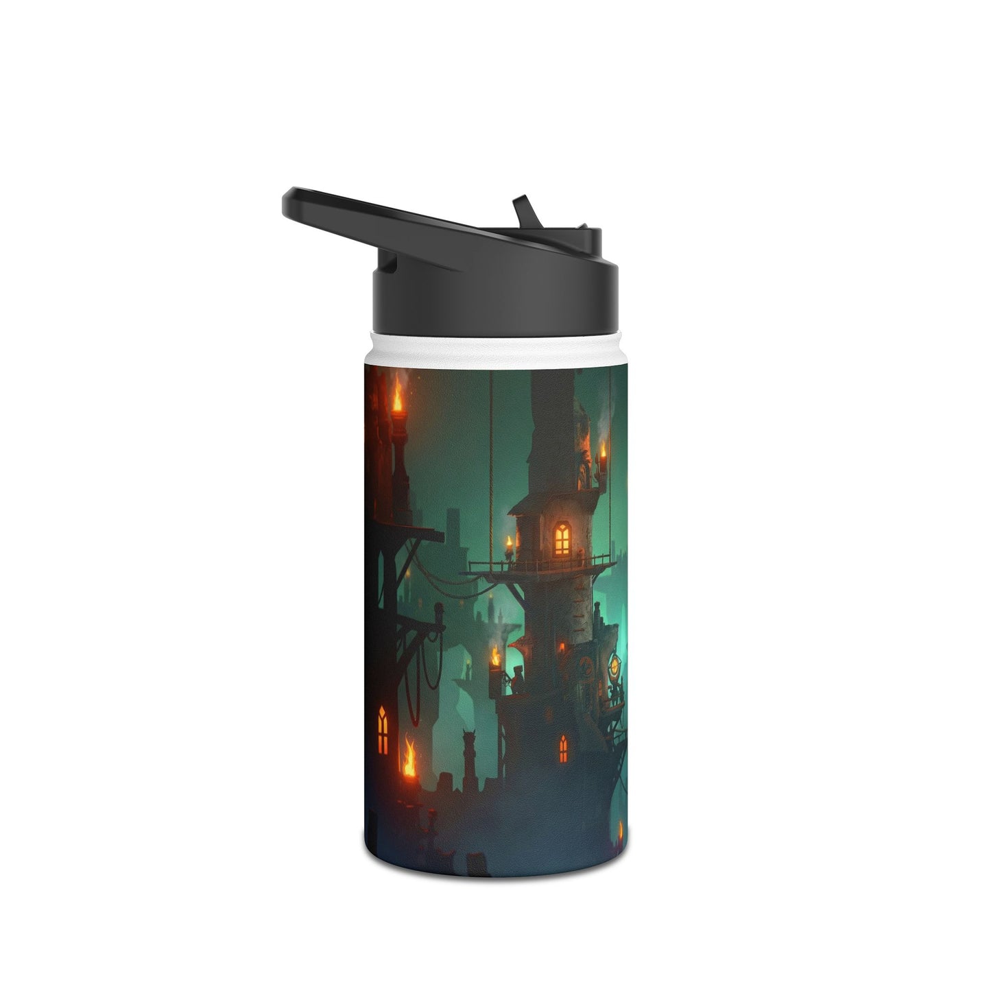 Floating City at Dusk Stainless Steel Water Bottle – Warm Lights Among the Mist