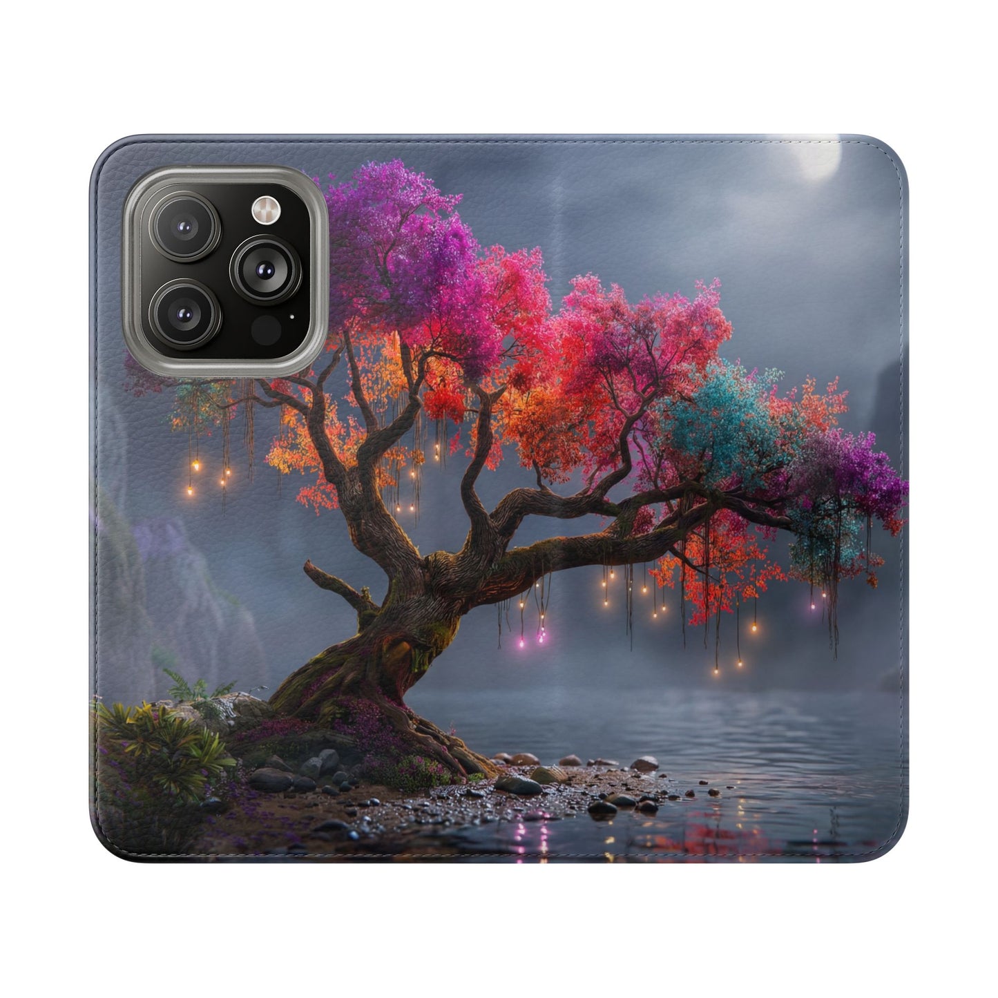 Chromatic Canopy Flip Cases – Rainbow Tree Moonlit Waterfall Scene