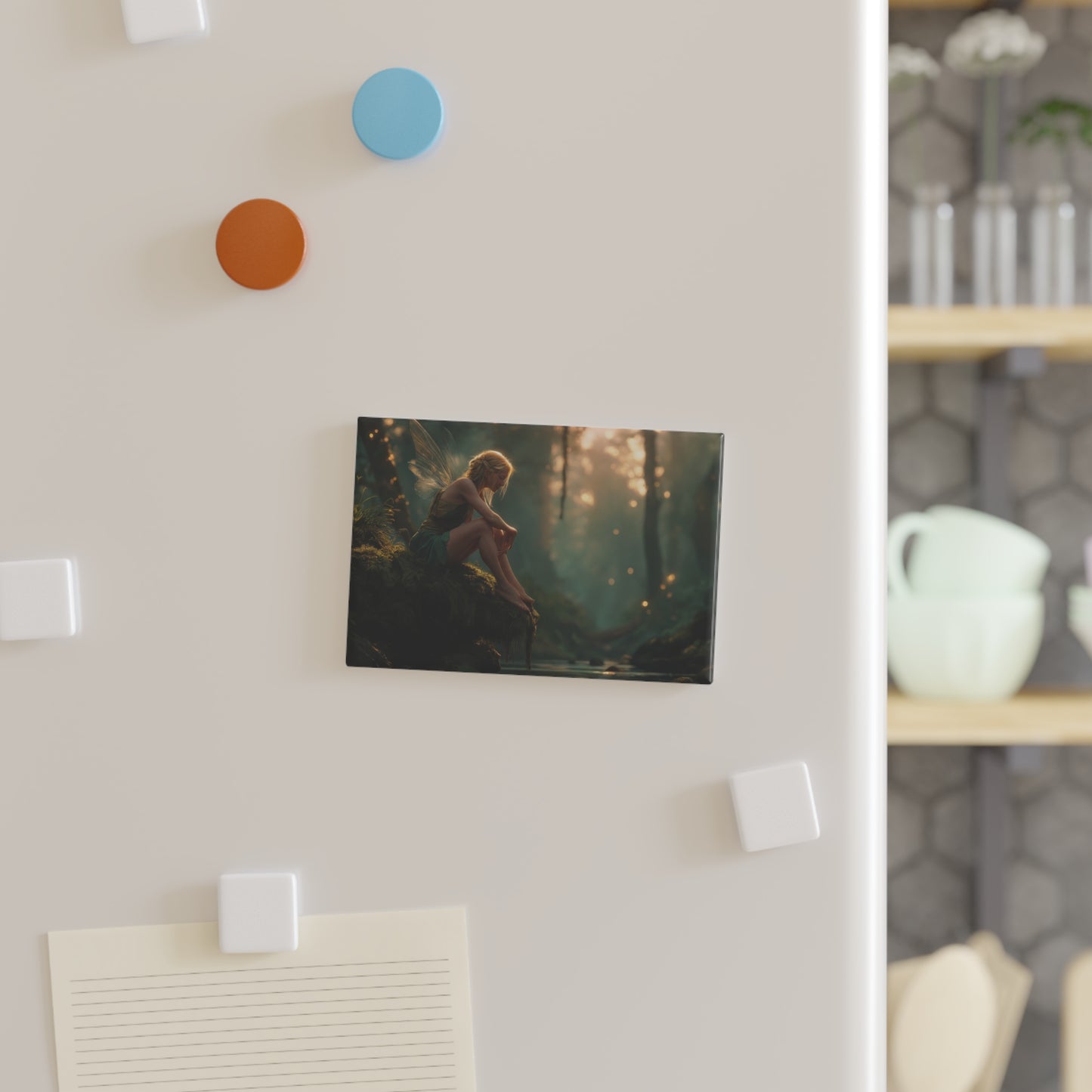 Forest Fairy by the Stream Button Magnet, Rectangle (1 & 10 pcs) – Golden Hour Whispers