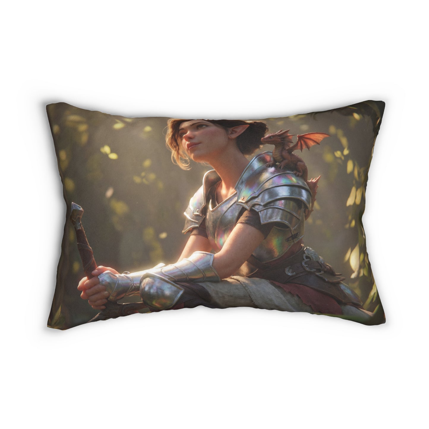 Elven Sentinel with Dragon Companion Spun Polyester Lumbar Pillow – Sunlit Forest Pause